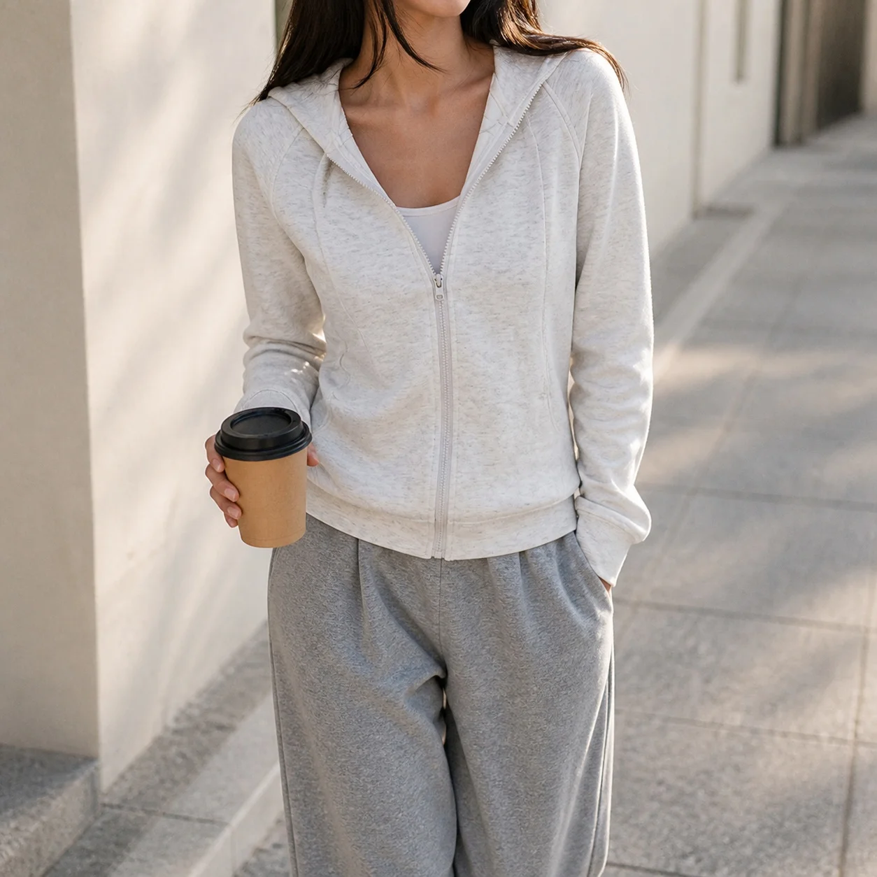 Women's Zip-Up Long Sleeve Fitted Solid Color Hoodie with Front Pocket Princess Sleeve Casual Open Front Slim Fit Gray Woman