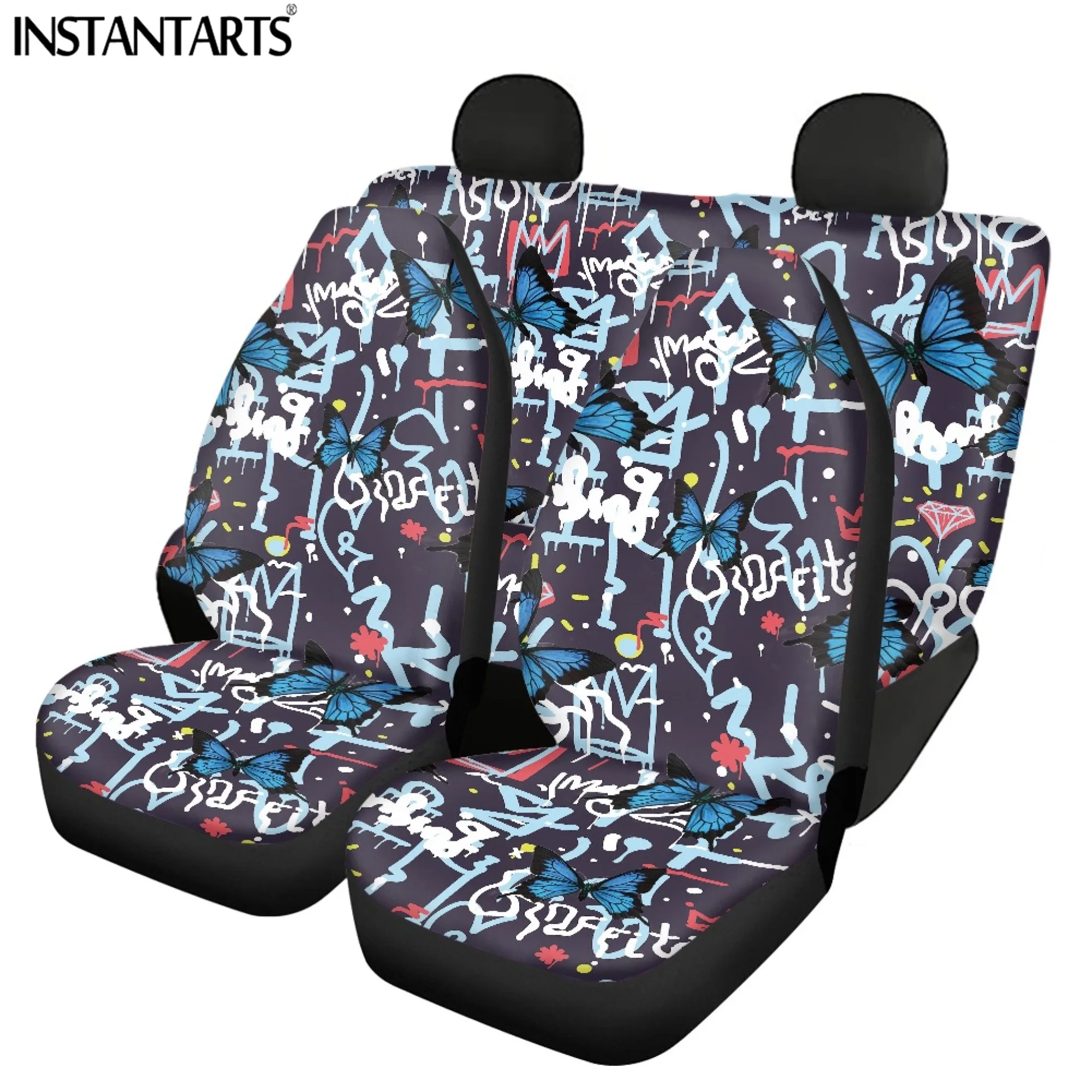 INSTANTARTS Abstract Graffiti Design Car Front and Back Seat Covers Trend Personality Auto Adornment Easy to Install Elastic Mat