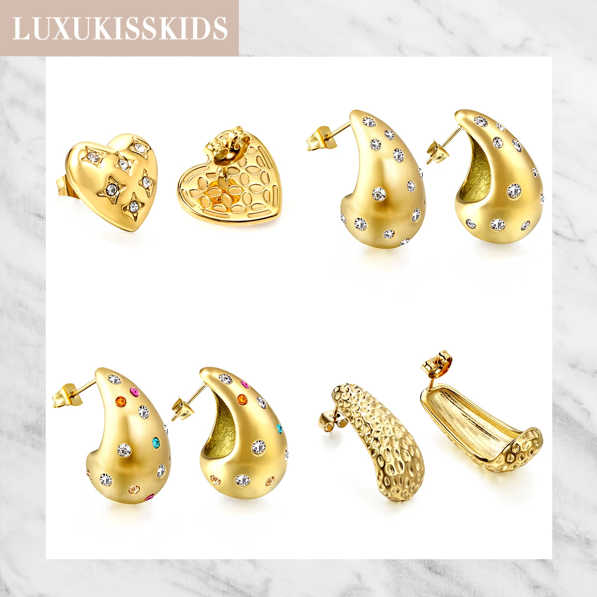 LUXUKISSKIDS Exaggerated Earrings Big Heart/Teardrop Shape Stainless Steel Rhinestone Studs for Women 18K Gold Plated Jewelry
