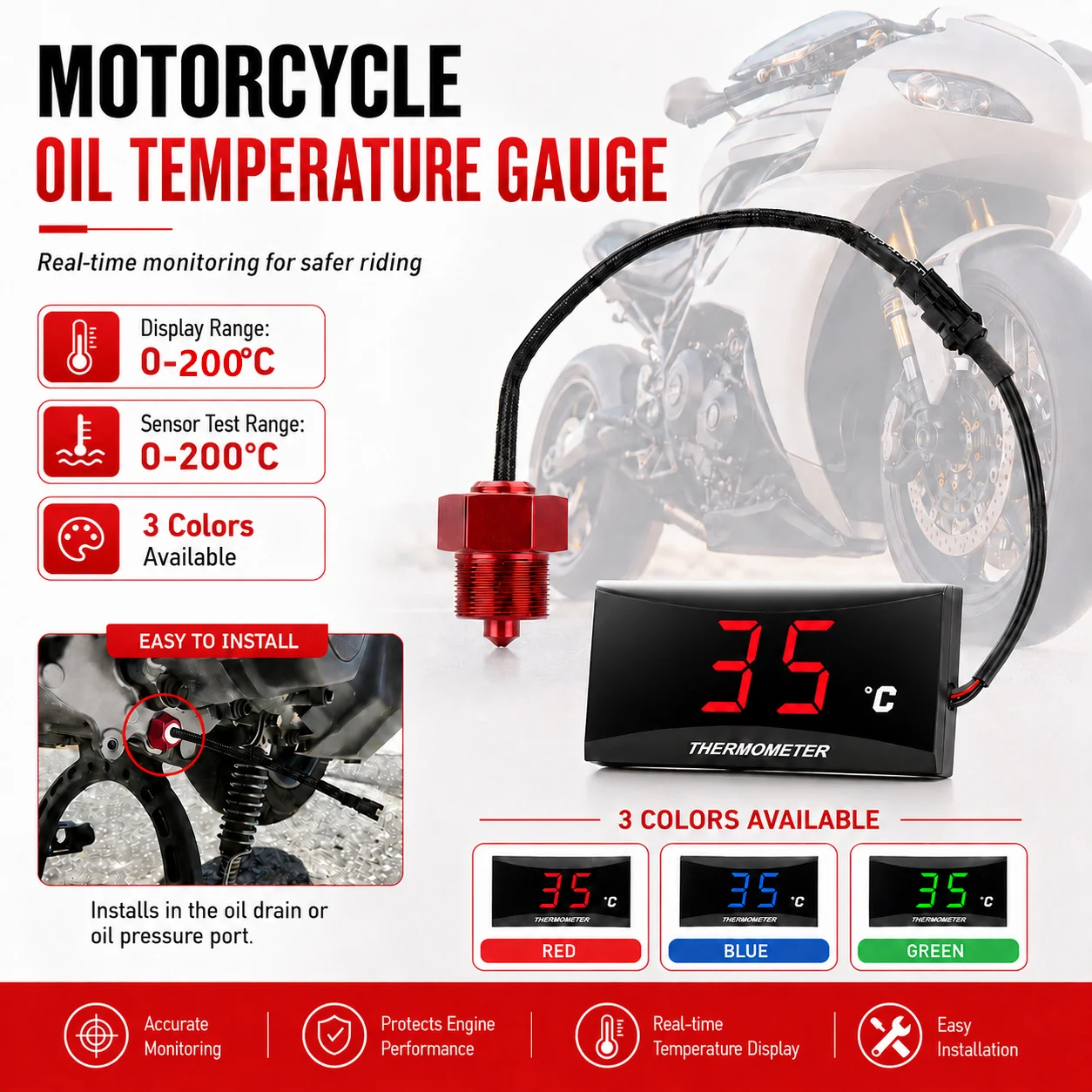 Jauge numérique de température d'huile pour moto avec capteur intégré monobloc, thermomètre d'huile pour NMAX125 PCX125