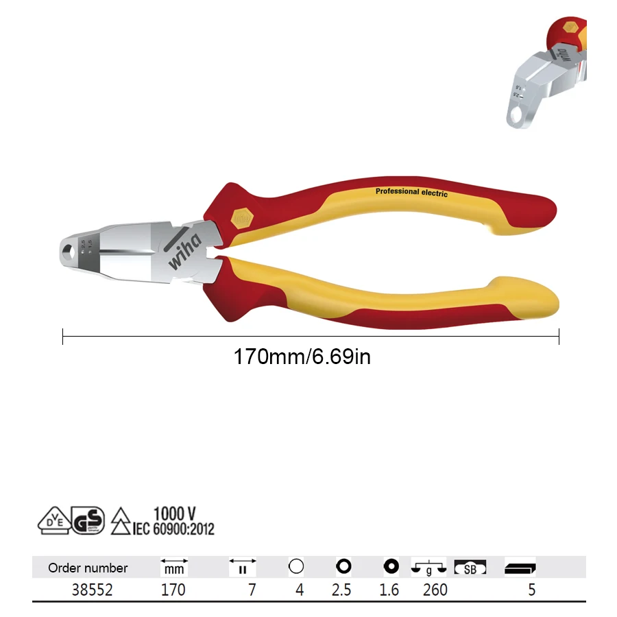 Wiha 38552 Multifunctional Insulated Pliers 1000V TriCut Classic Installation Pliers Professional Electric 170mm