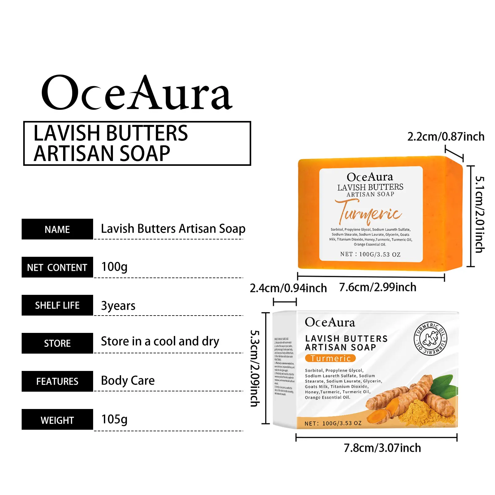 Oceaura 100g Sapone da bagno alla curcuma Esfoliante Pulizia delicata Schiarente Il tono della pelle Rimuove la pelle morta Nutrire Sapone da doccia liscio
