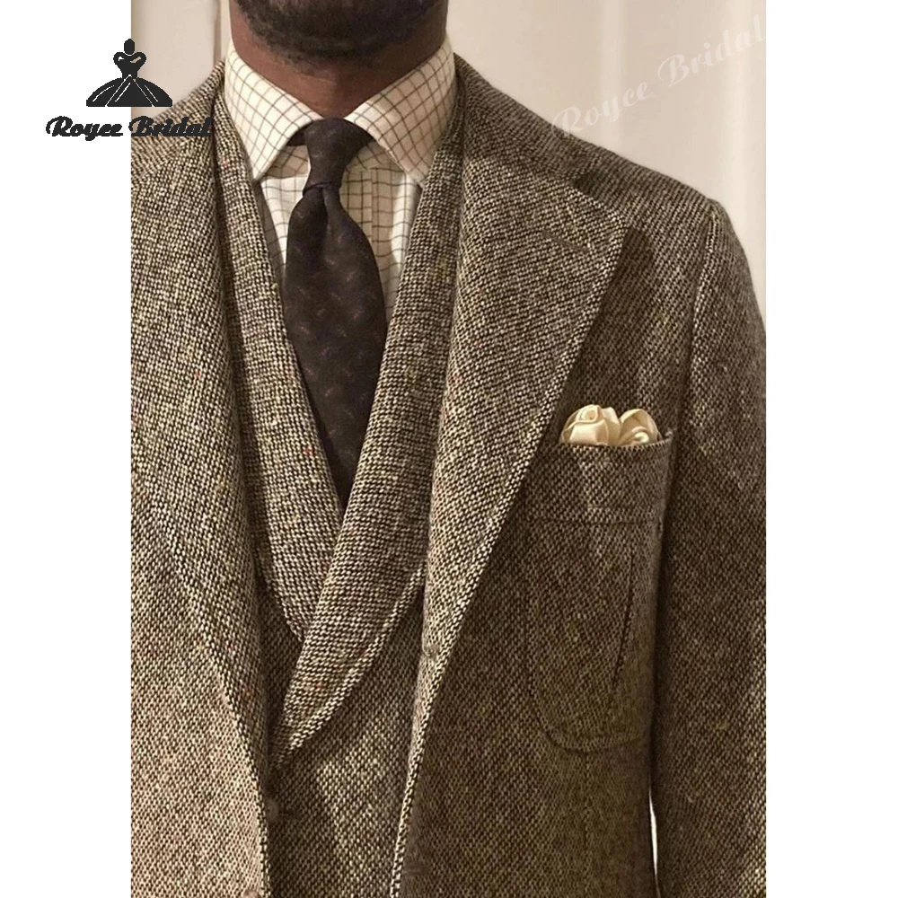 Vintage Tweed Herringbone Three Piece Men's Wedding Suit 2026 Notched Lapel Evening Suit Customized trajes para hombre