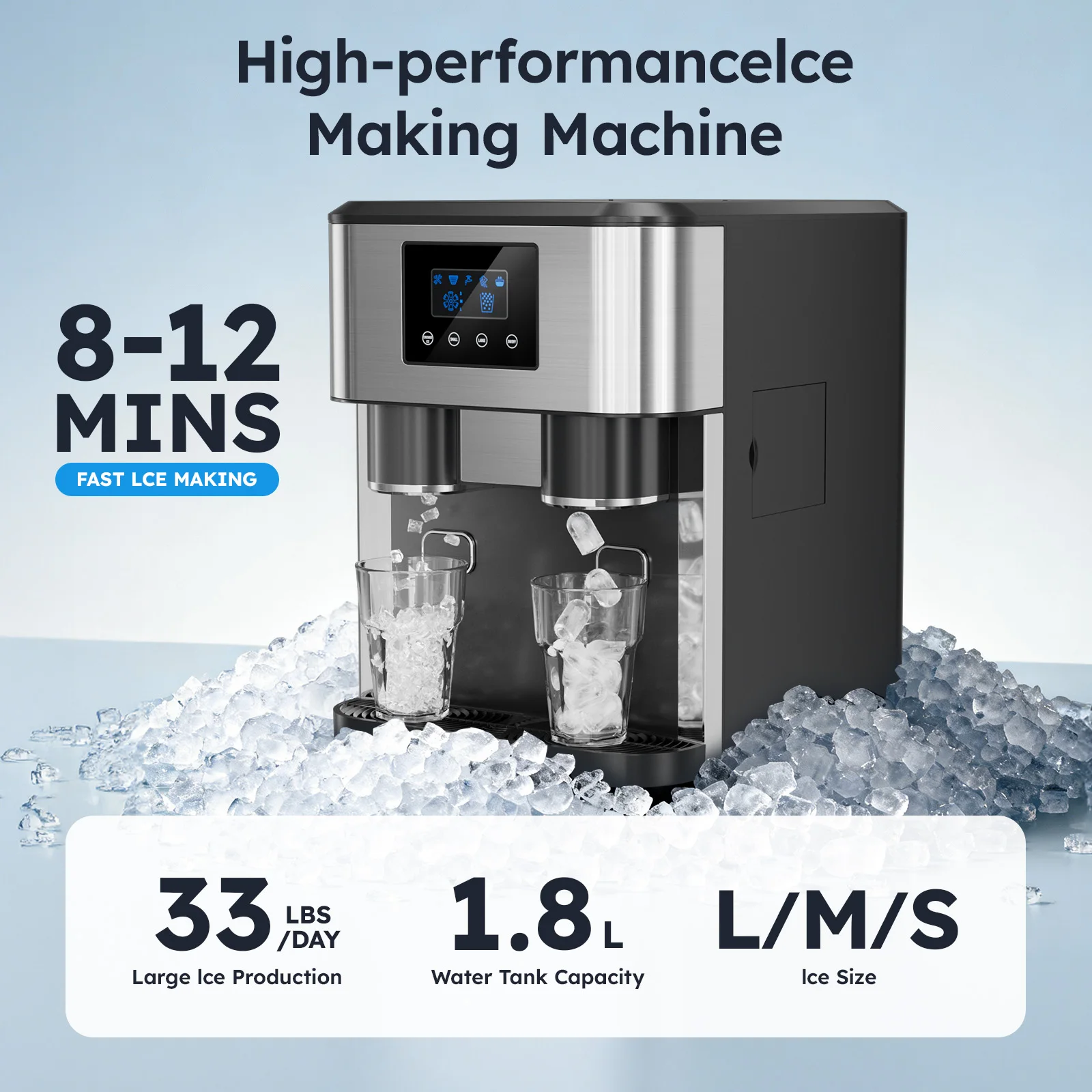Water Dispenser with Ice Maker, 3-in-1 Countertop Water Dispenser, 33 LBS/24H, Fast Ice Making, Bullet/Crushed Ices & Cold-Water view 2