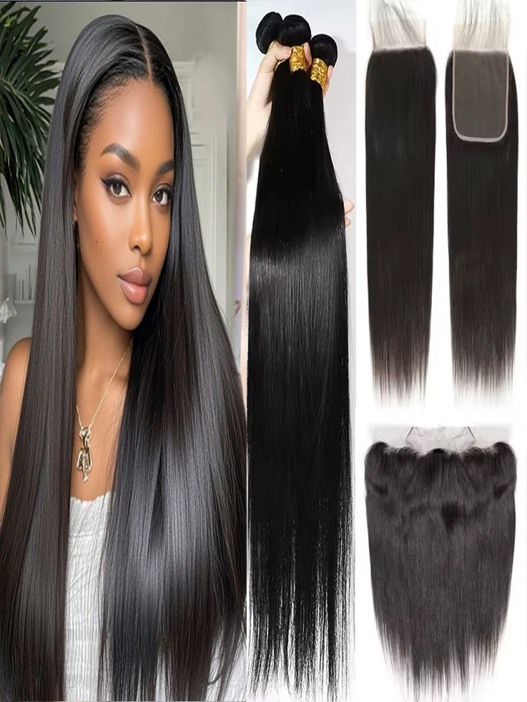 Knochenglatte Echthaar-Bundles mit Lace Closure 4x4/5x5, 100% Remy Echthaar-Extensions, 13x4 Lace Frontal