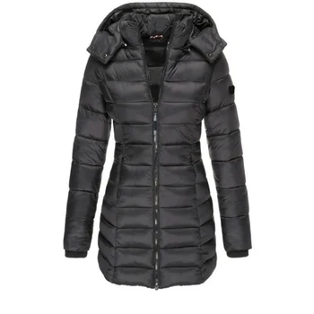 Women’s Winter Padded Parka 2 Winter Thicken Warm Women Parkas Solid Color Zippers Coats Long Sleeve Padded Puff Jacket Mid-Length Slim Female Hoodie Parkas 2