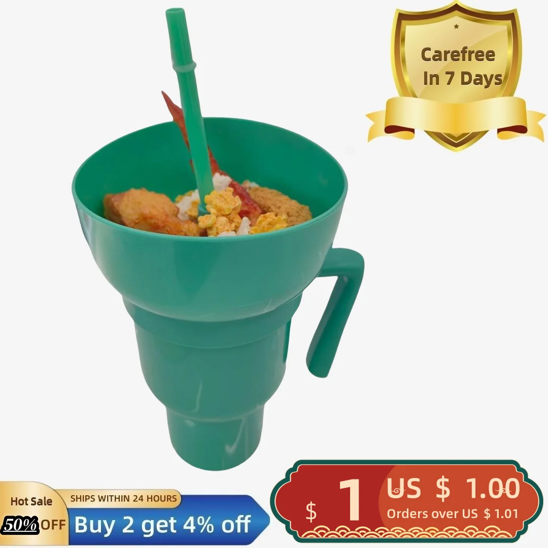 Popcorn Drink Cup Stadium Tumbler with Snack Bowl with Straw Leakproof Snack Cup Reusable Cinema Beverage