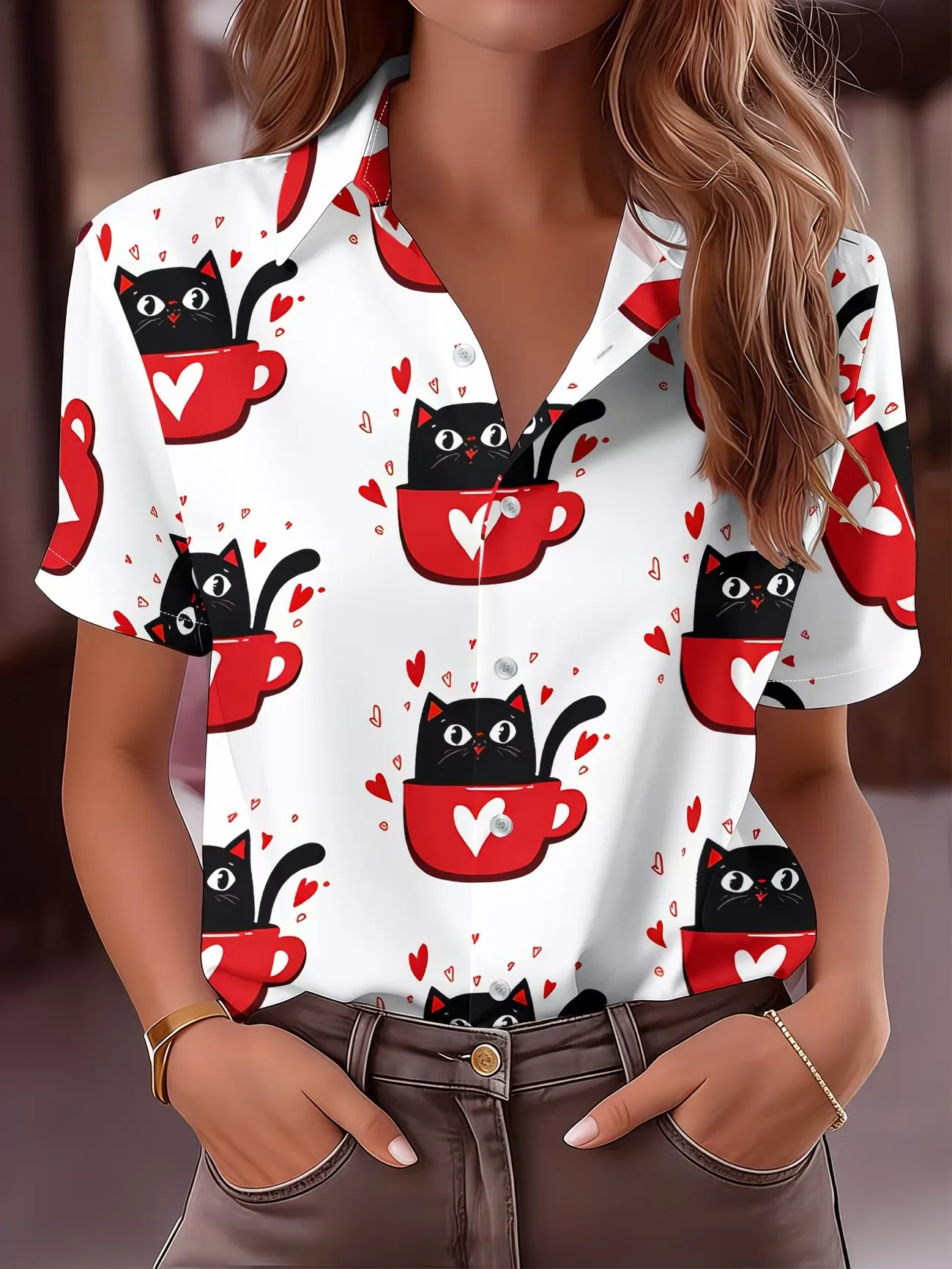 

Women's summer short sleeved shirt, 3D cute cat colored animal printed top, women's new casual shirt