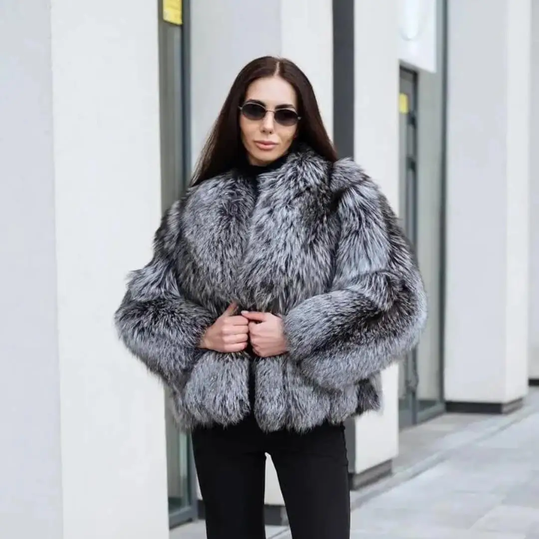 Women Fashion Real Silver Fox Fur Jacket Lapel Collar High Quality Female Genuine Silver Fox Fur Coats Casual Woman Overcoats