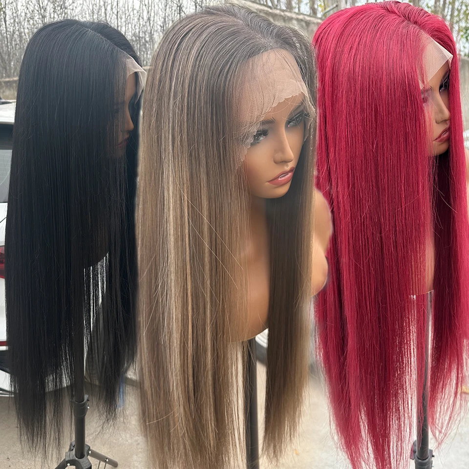 36inch 4X4 Synthetic Straight Lace Front Wigs For Women Highlight Honey Brown Wig Ombre Blonde Lace Closure Wig Cosplay Wig