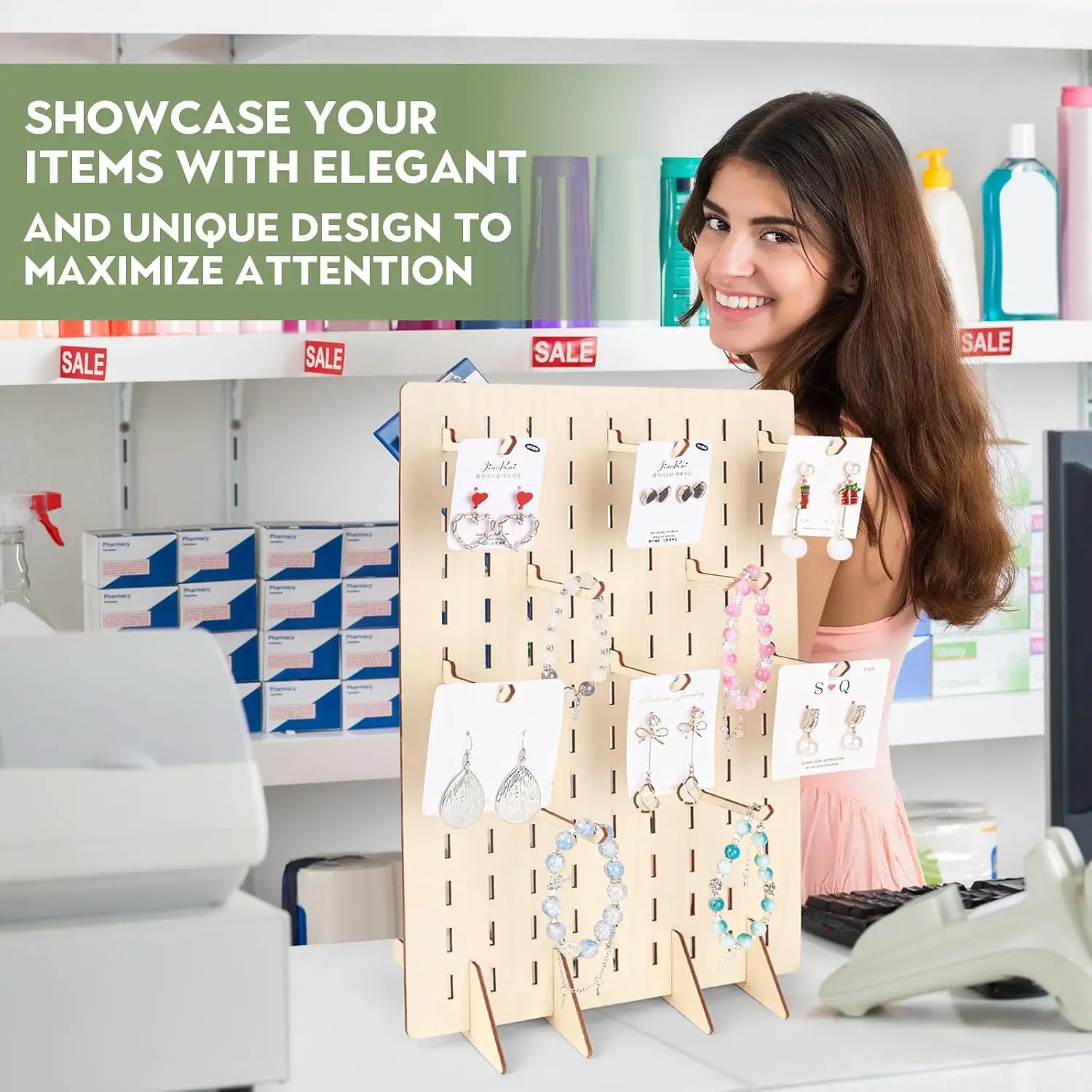 Jewelry Organizer Display Rack Wooden Pegboard Display Stand for Keychain Rings Hair Accessories Shows Countertop Retail Store