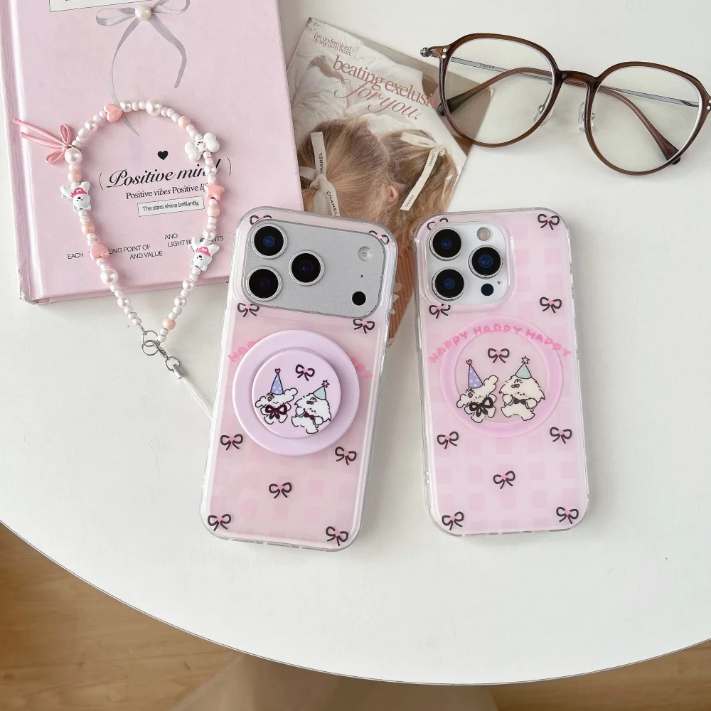 

Pink plaid bow poodle for magnetic holder mobile case, suitable for iPhone13/14/15/16/17 Pro Max, new shockproof protective case