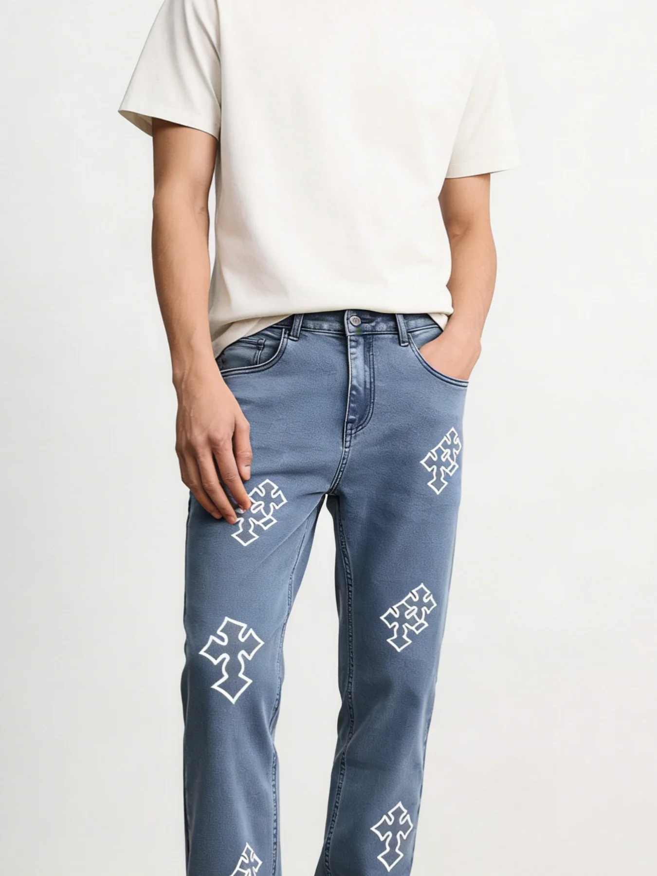 

Мужские винтажные повседневные джинсы из выстиранного денима синего цвета с вышитыми пуговицами, прямого кроя, для осени и зимы