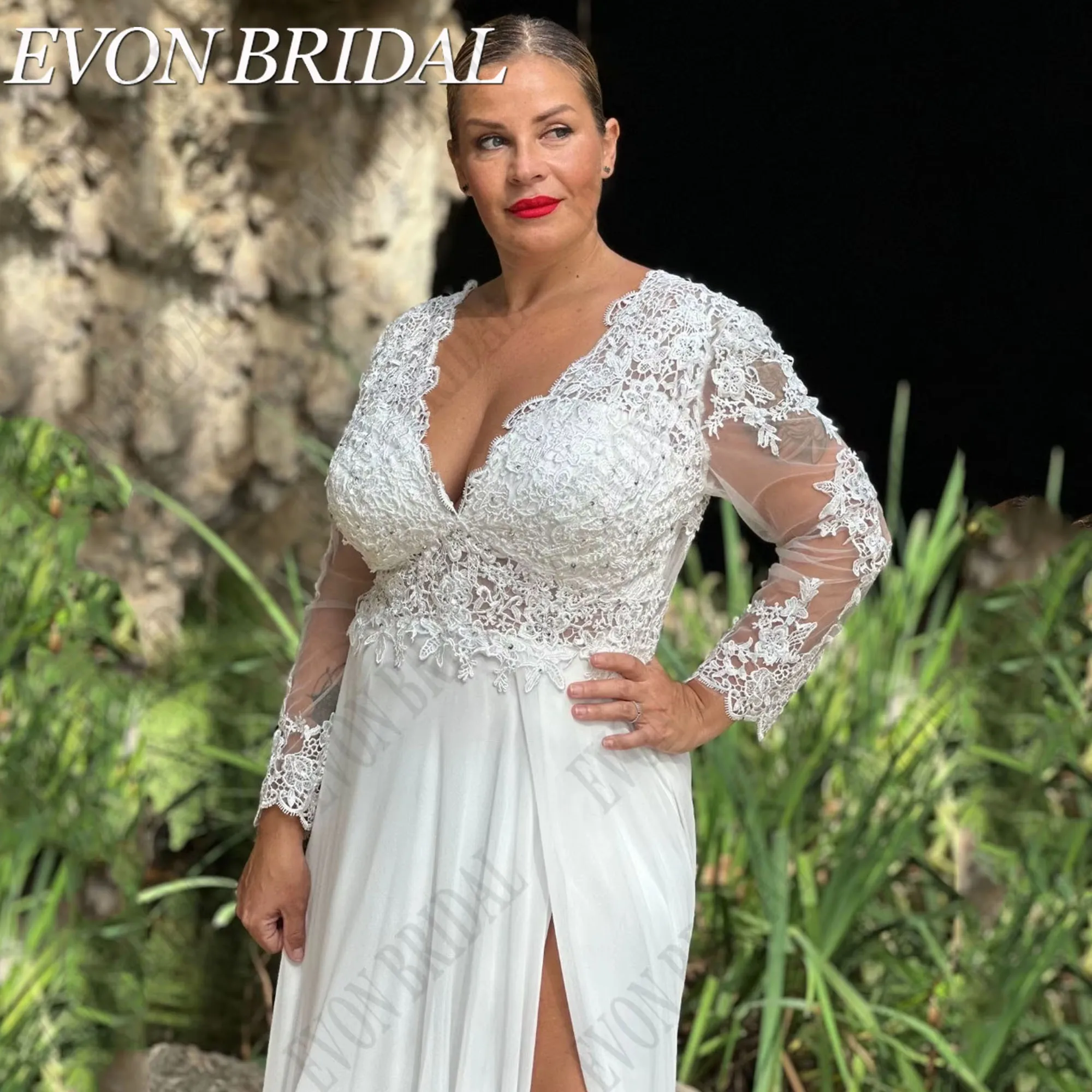 Suknia ślubna oversize z długim rękawem, głęboki dekolt w serek, szyfonowa suknia ślubna w kształcie litery A, aplikacje, seksowna suknia Vestido De Novia EVON BRIDAL, szyta na miarę