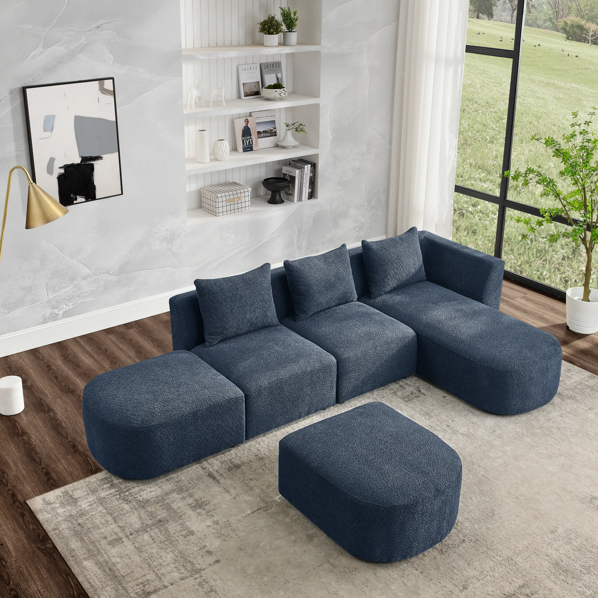 Navy blue modular sofa, L-shaped set with right chaise longue and ottoman, DIY, loop yarn fabric, crowd exclusive