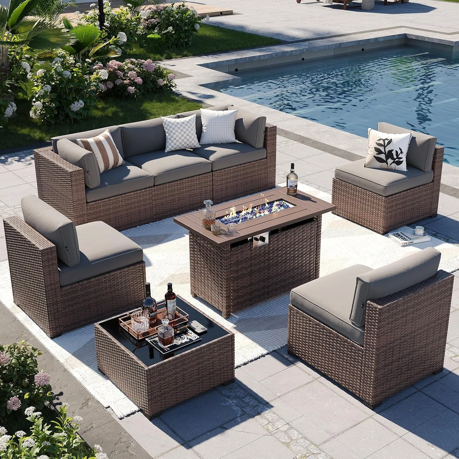 Nordivale 44'' Outdoor Wicker Gas Fire Pit Table, 50,000 BTU Propane Firepit with Lid, Patio Furniture Set for Backyard Poolside Garden (Brown) view 5