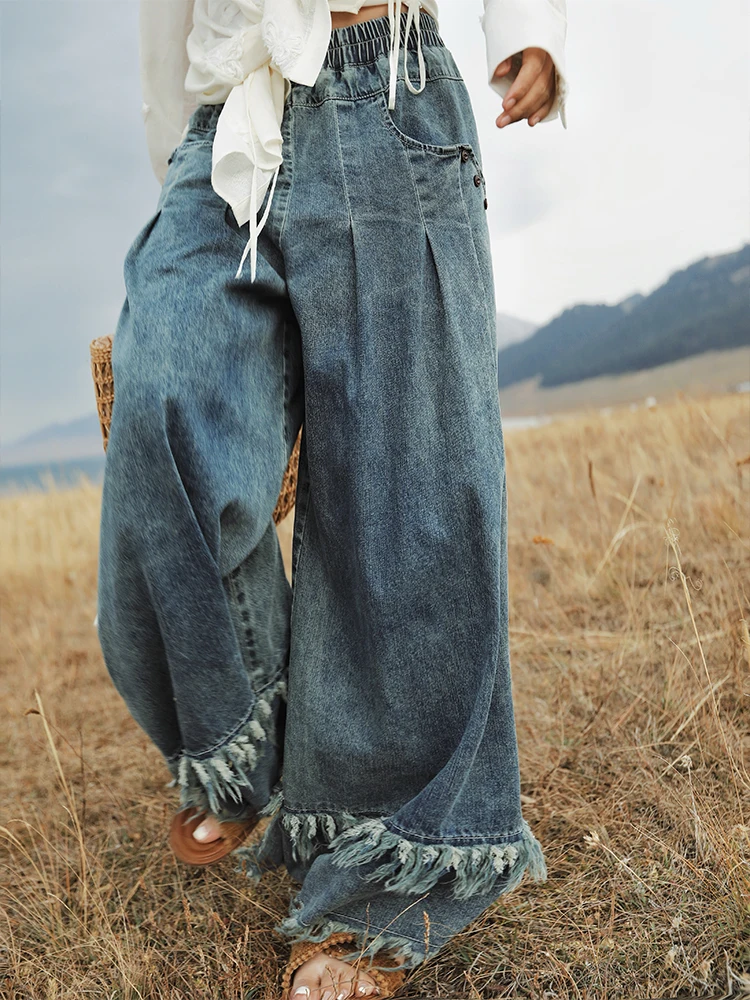 TIYIHAILEY Wide Leg Long Pants For Women Denim Trousers Elastic Waist Casual Tassels Jeans Ladies 2025 New Fashion