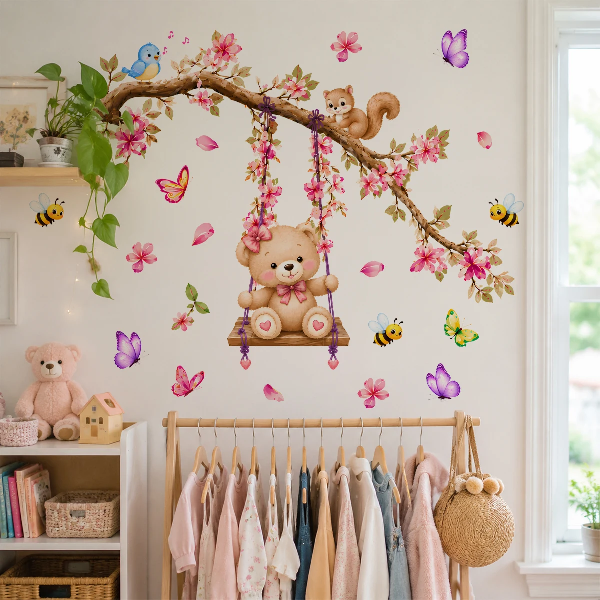 Boho Cute Teddy Bear Rabbit Swinging Wall Stickers Decal Kids Room Nursery Decor Children Bedroom Home Office Wall Decoration