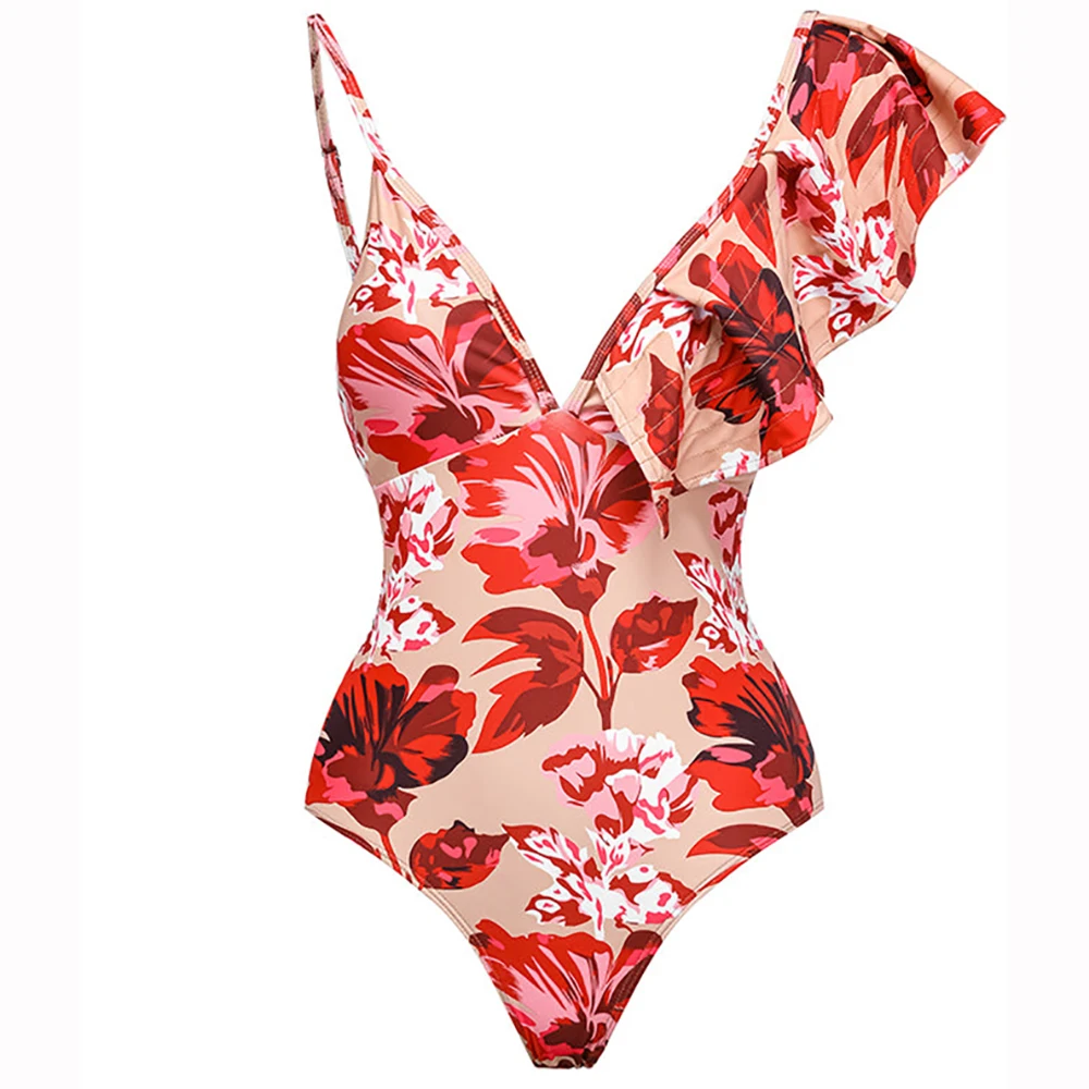 Fashion Printed Bikinis Shoulder Ruffles V-neck Red One-piece Swimsuit with Summer Skirt Women Bathing Suit Beach Wear Backless