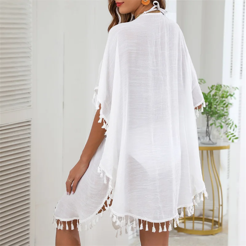 Chal transparente con protección solar para mujer, cárdigan con borlas, Kimono para playa, traje de baño, Kaftan, Bikini de ganchillo, capa, traje de baño
