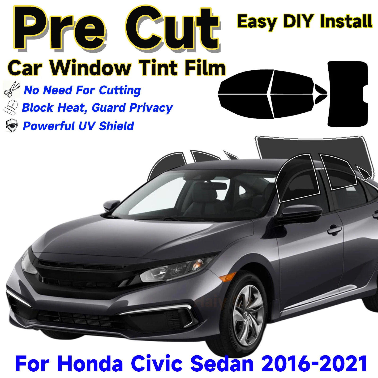

PreCut Window Tint Car For Honda Civic Sedan 2016-2021 Sun UV Block Heat & Glare 2Ply Window Protector Films Shade Auto Sticker
