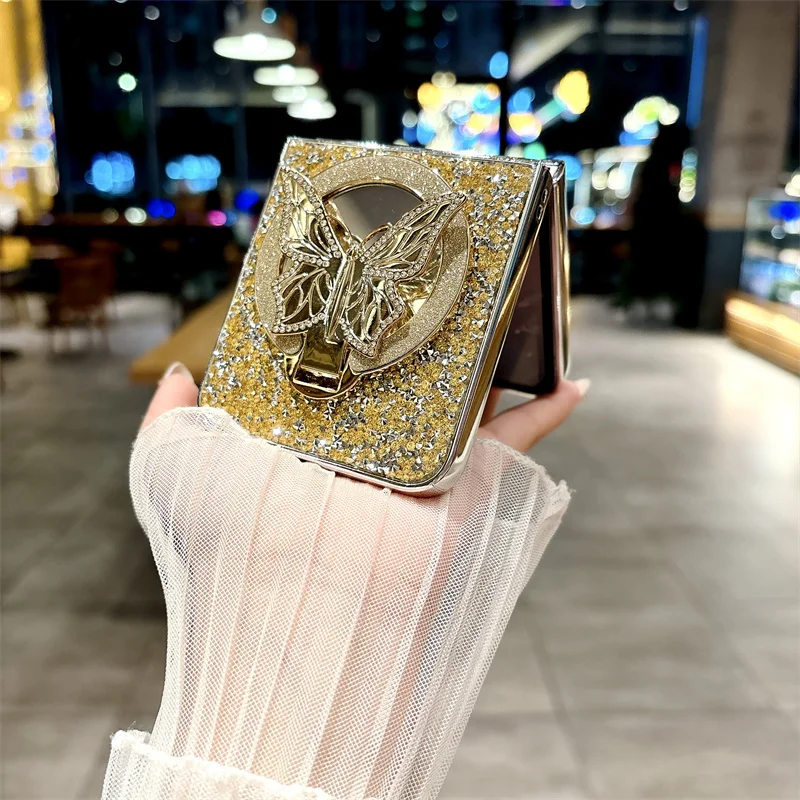 Luxury Flash Diamond Metal Butterfly Flip Makeup Mirror phone case for Samsung Z Flip5 zflip6 3 4 5G fashion stand shock cover