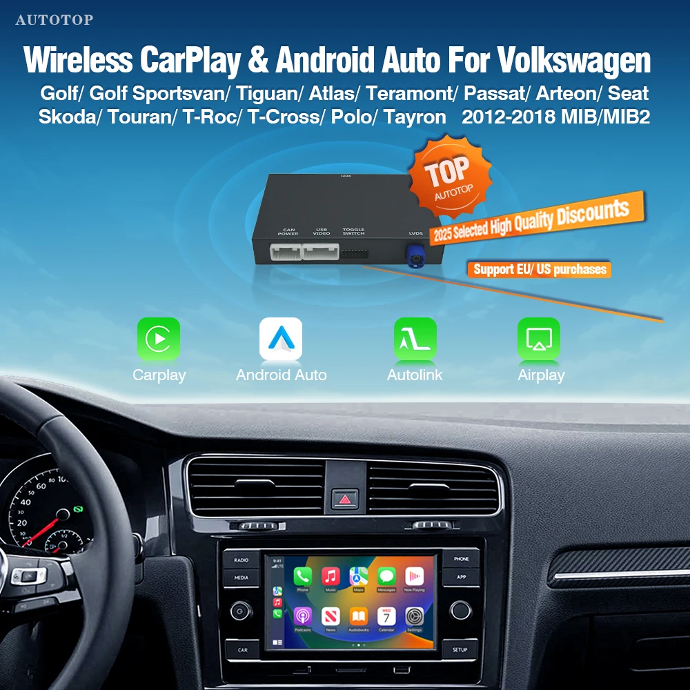 AUTOTOP Android Auto et CarPlay sans fil pour VW Golf 7 Skoda Seat Octavia Polo Passat Arteon Jetta T-Cross Tiguan décodeur MIB MIB2