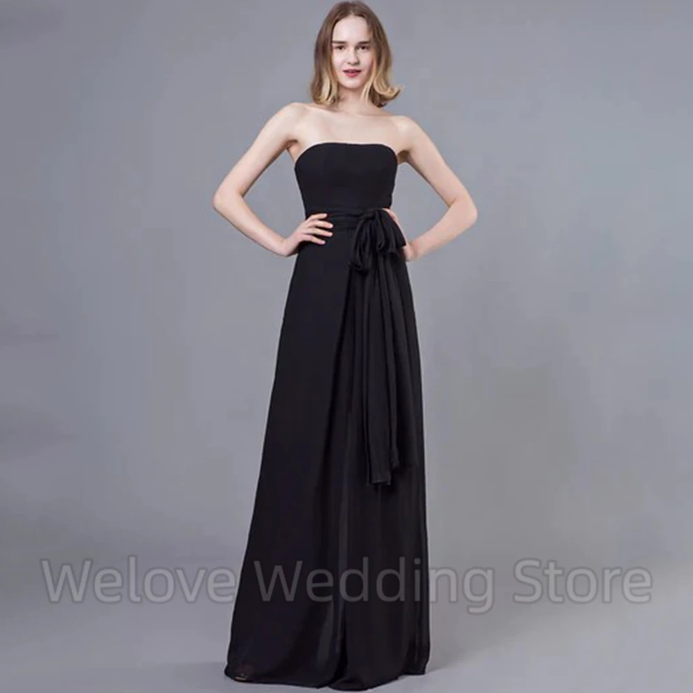 Vestido de noche de manga sin tirantes para mujer, traje negro Simple, línea A, largo hasta el suelo, con cinturón, espalda abierta, Sexy, para banquete, evento, hecho a medida