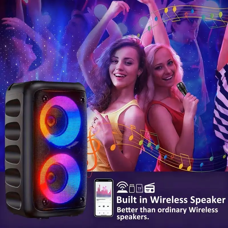 Altavoz Bluetooth Inalámbrico con 2 Micrófonos, Woofers Dobles, Radio FM, USB/Tarjeta TF, TWS, 2400mAh, Listo para Karaoke