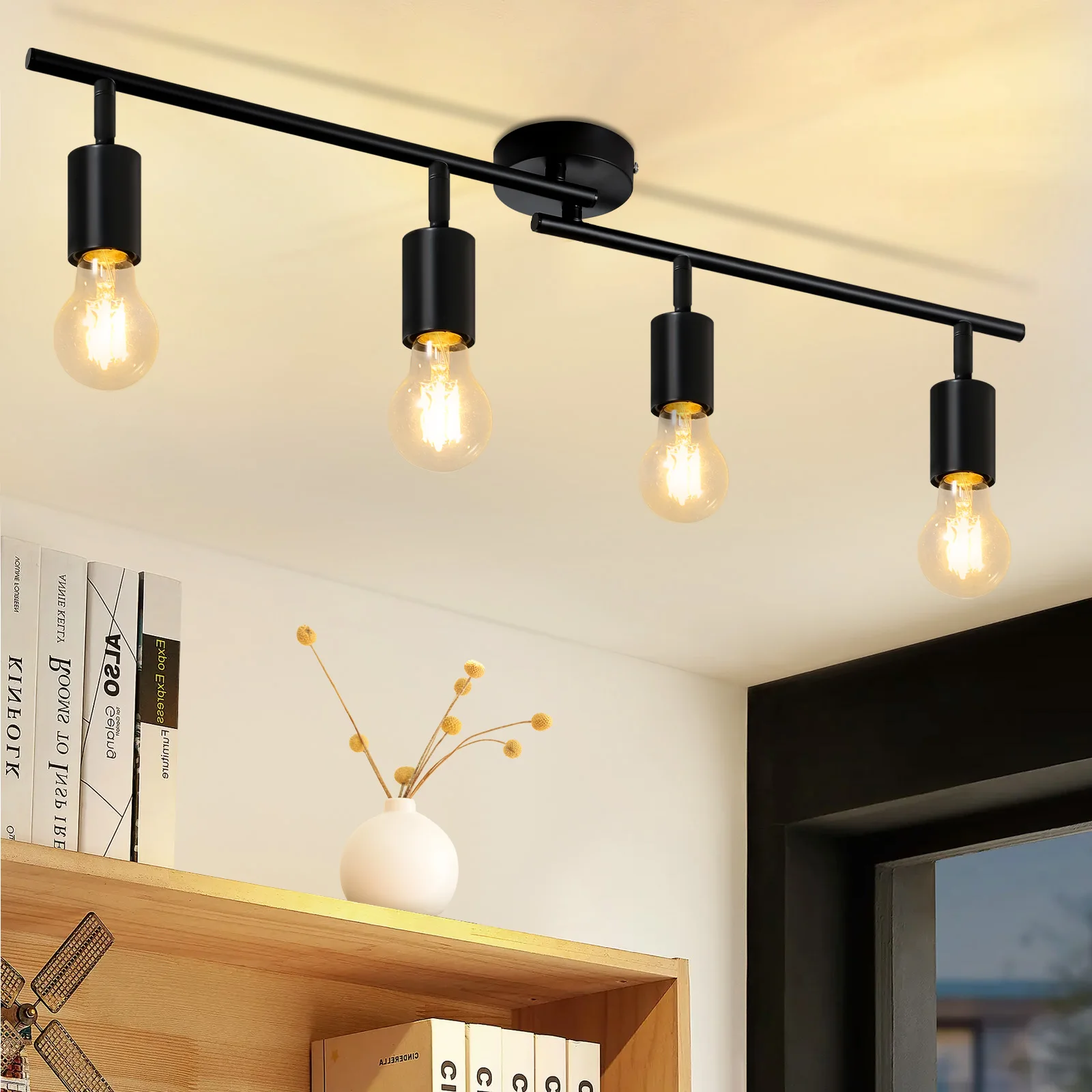 Industrie Deckenstrahler 4-Flammig E27 Schwarz Retro Wandleuchte Metall Spot Deckenleuchte 350° Drehbar 90° Neigbar Flexible Deckenlampe Max 25W Ohne Leuchtmittel für Küche Wohnzimmer Flur Esszimmer