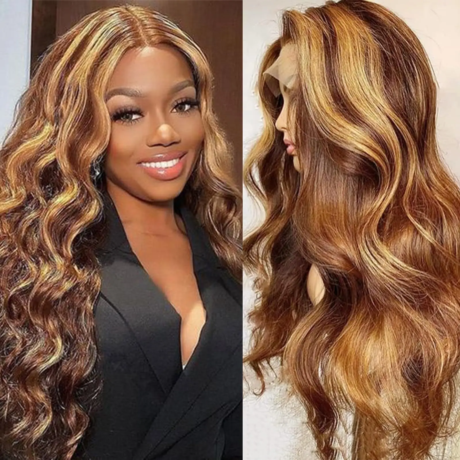 26 inch Honey Blonde Lace Front Wig Human Hair 13x4 HD Transparent 4/27 Highlight Pre Plucked With Baby Hair For Women