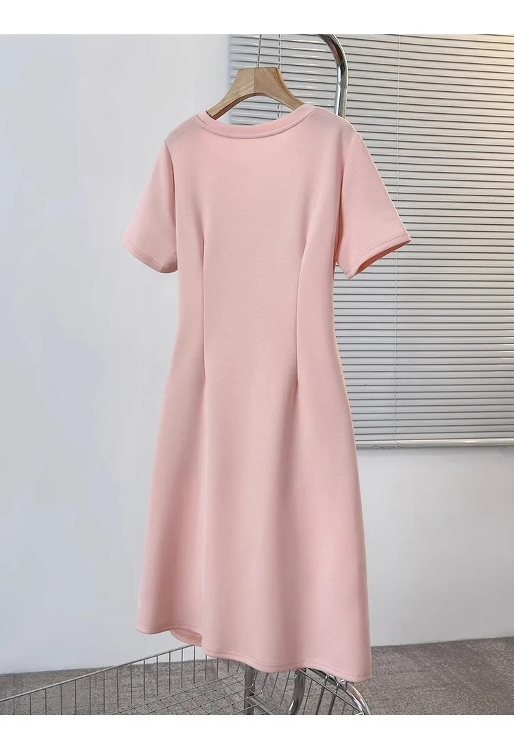 فستان بخصر من الدانتيل بتصميم رقبة دائرية للنساء في الصيف بالإضافة إلى حجم الدهون مم فستان تي شيرت أنيق على الطراز الكوري الجديد