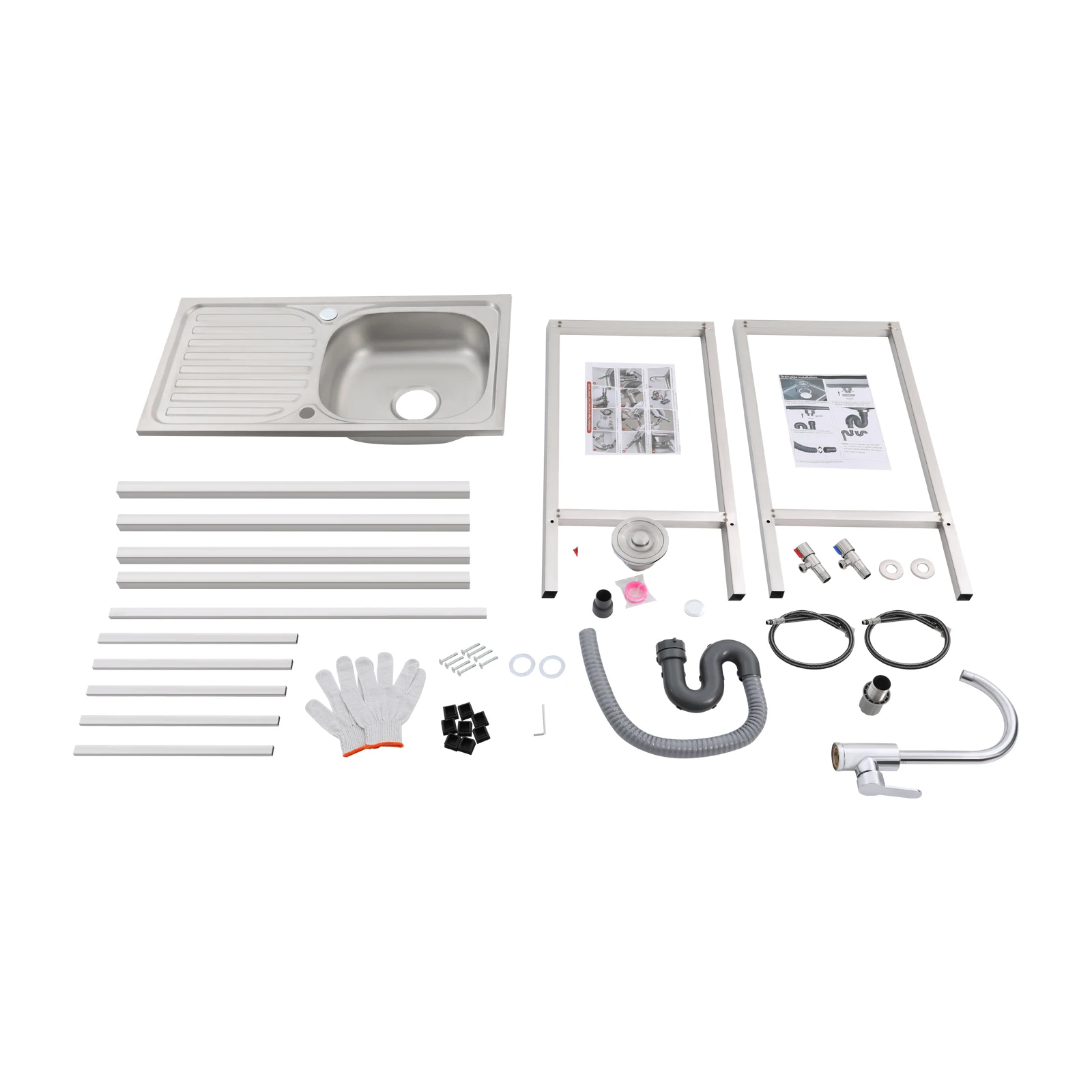 Free Standing Sink with Operation Countertop and Bottom Shelf, Massive Capacity Kitchen Single Bowl Sink 360° Rotatable Faucet