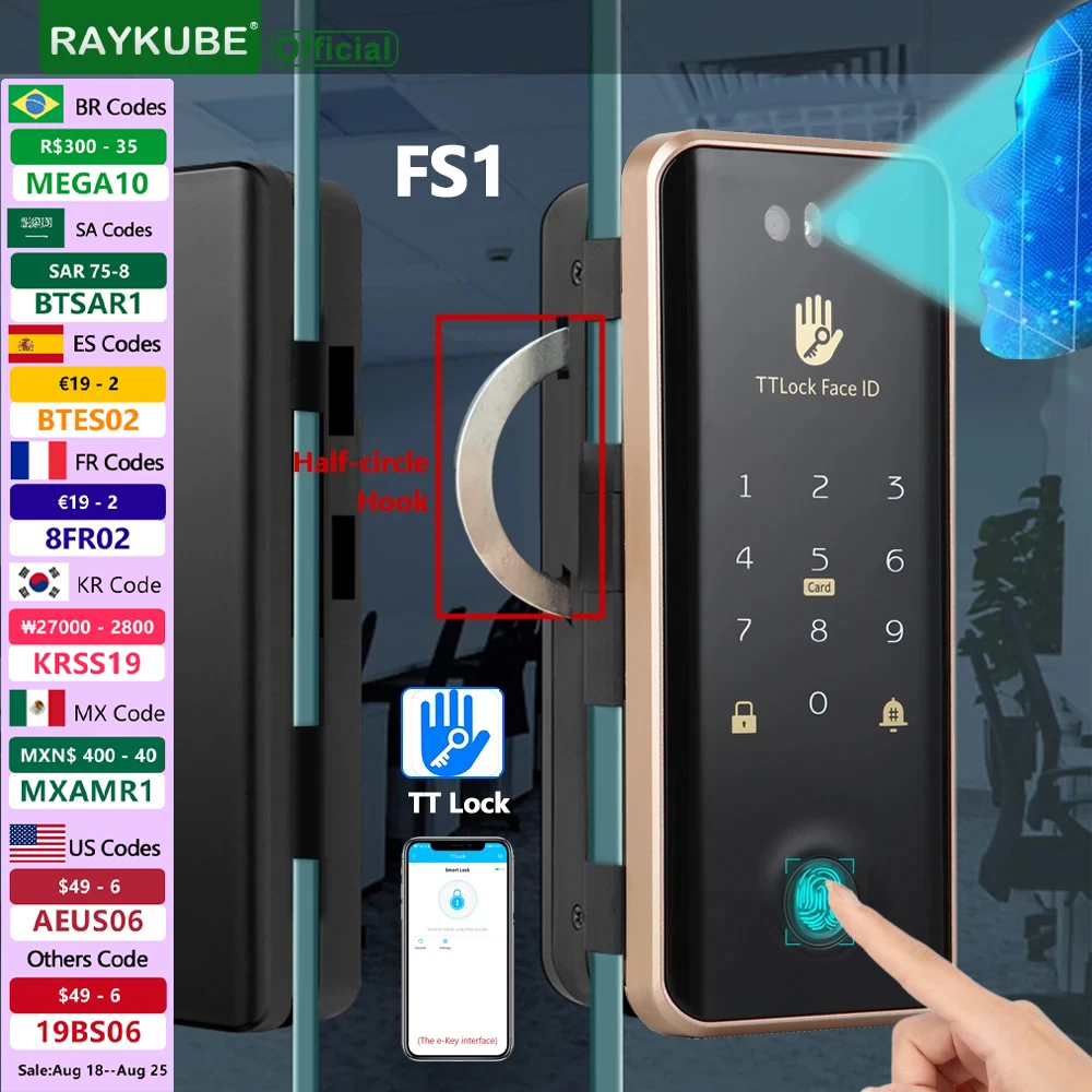 

RAYKUBE FS1 TT Lock 3D Face Recognition Smart Lock With Half-circle Hook Biometric Electronic Fingerprint Unlock Glass Door Lock