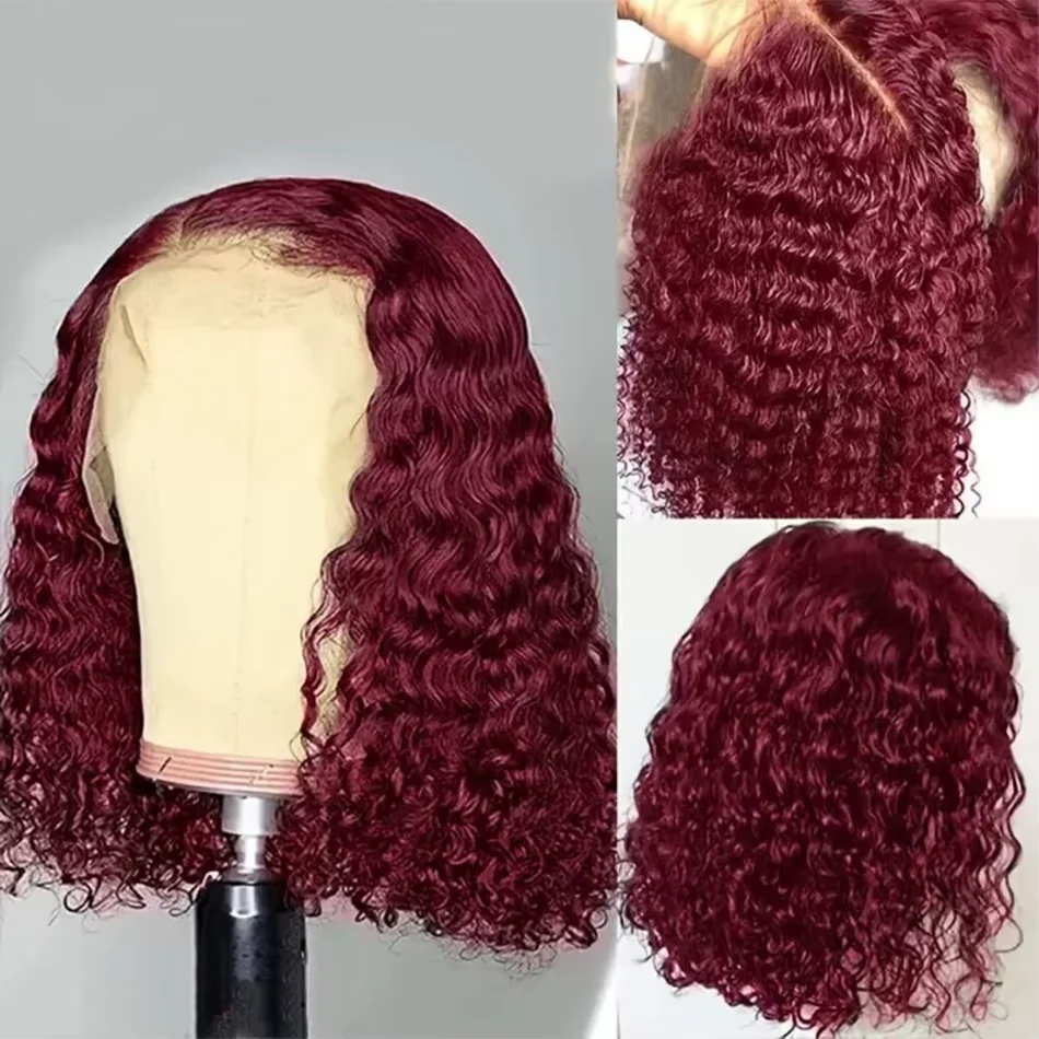 Perruque Lace Front Wig naturelle Remy, cheveux crépus ondulés, couleur bordeaux rouge 99J, 13x4, coupe courte, pre-plucked, 13x4