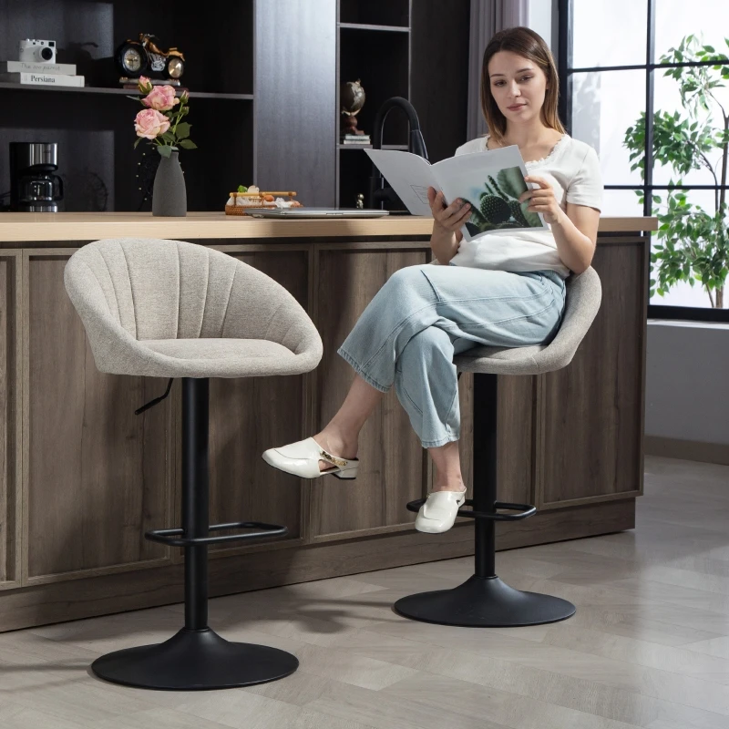 Lot de 2 tabourets de bar, chaises de bar hauteur réglable avec dossier et accoudoirs, repose-pieds, beige