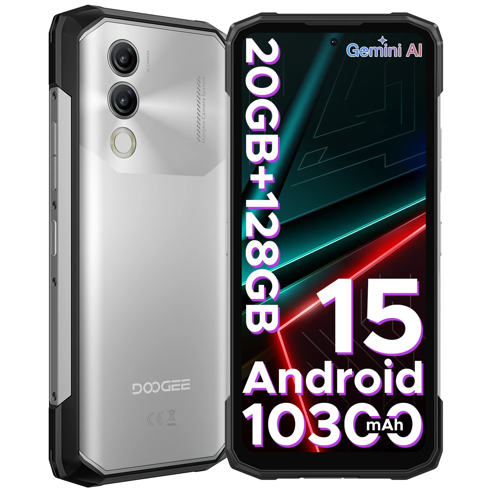 DOOGEE Blade20 Rugged Phone 10300mAh Battery 6.6'' 90Hz Display 20GB+128GB Android 15 16MP AI Camera NFC Gemini AI Cell Phone