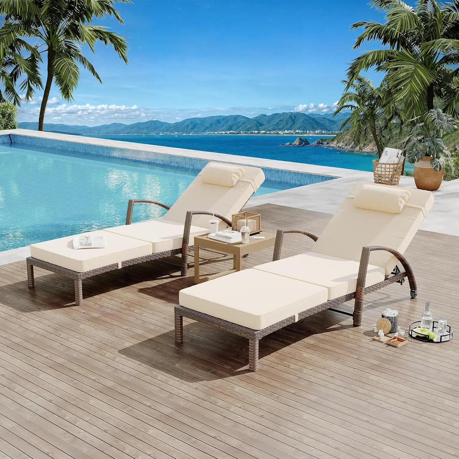 Outdoor Chaise Lounge Chairs Set of 2, Rattan Wicker Patio Lounge Chair with Armrest, 5-Position Adjustable Backrest, Cushion & Wheels, Outside Furniture Chairs for Beach, Garden, Pool