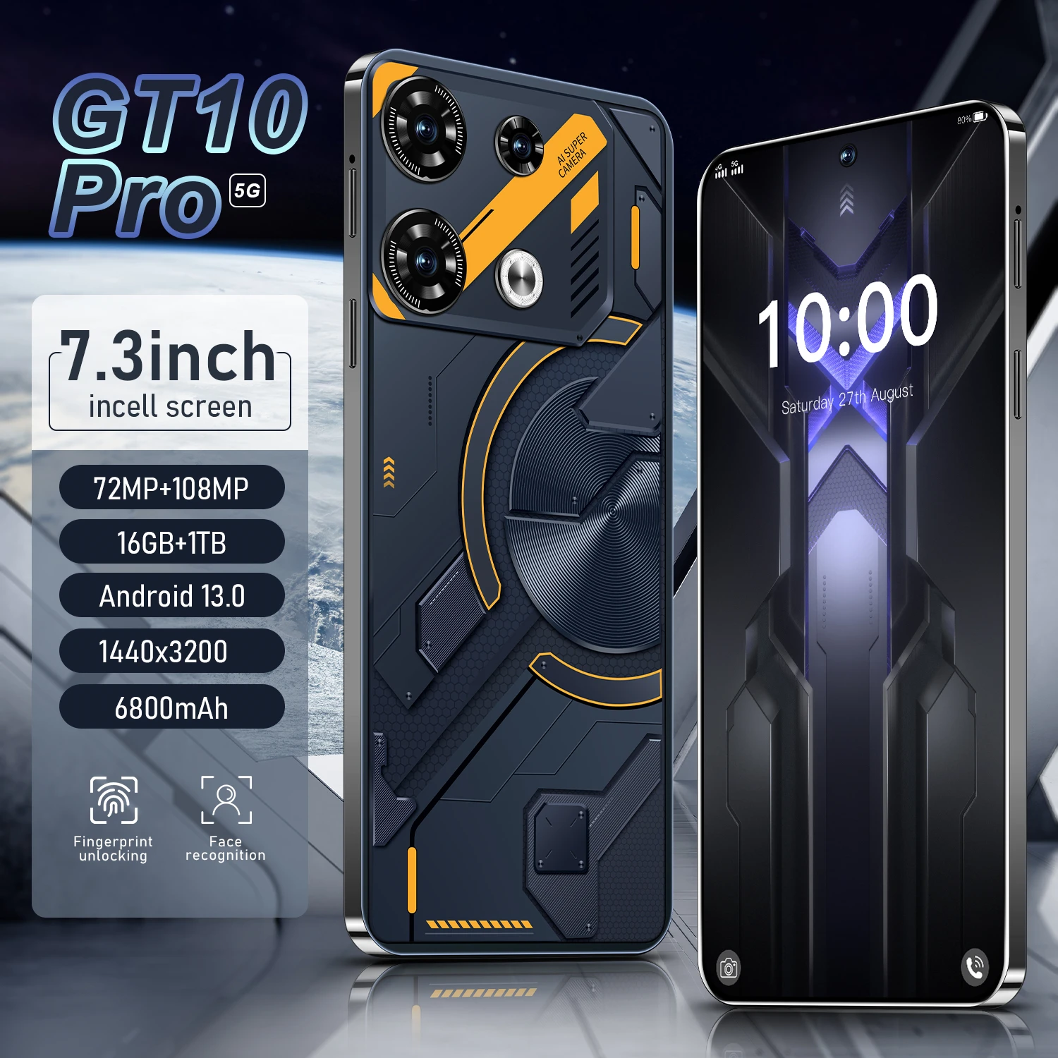 

GT10 Pro Global Version Smartphone 7.3 inch Full Screen 4G/5G Cell Phone 16TB+1TB 6800mAh Mobile Phones 108MP Celulares