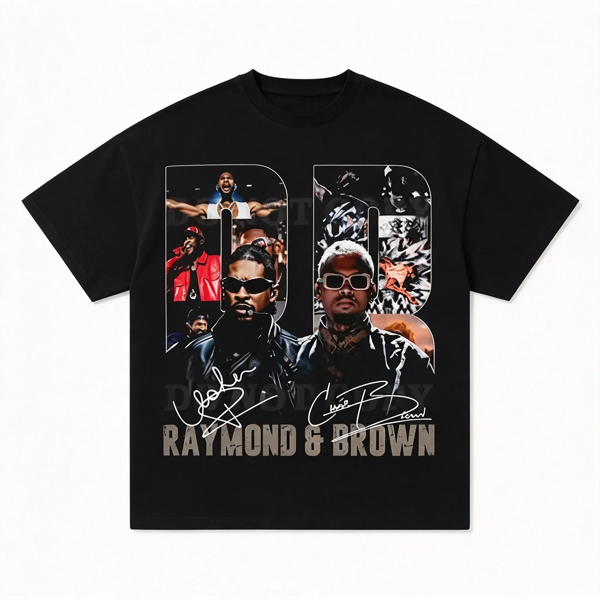 Hip Hop Duo Portrait Collage Graphic Cotton T-shirt, Retro Rap Artist Signature Print Short Sleeve Tee, Unisex Loose Streetwear Casual Tops for Men Women