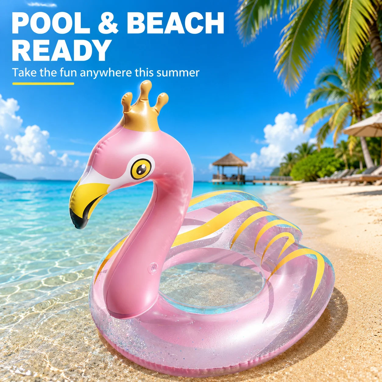 1PC Inflatable Flamingo Swan Pool Float with Crown, Glitter Swim Ring Raft, Heavy Duty PVC Pool Lounger for Adults - view 5