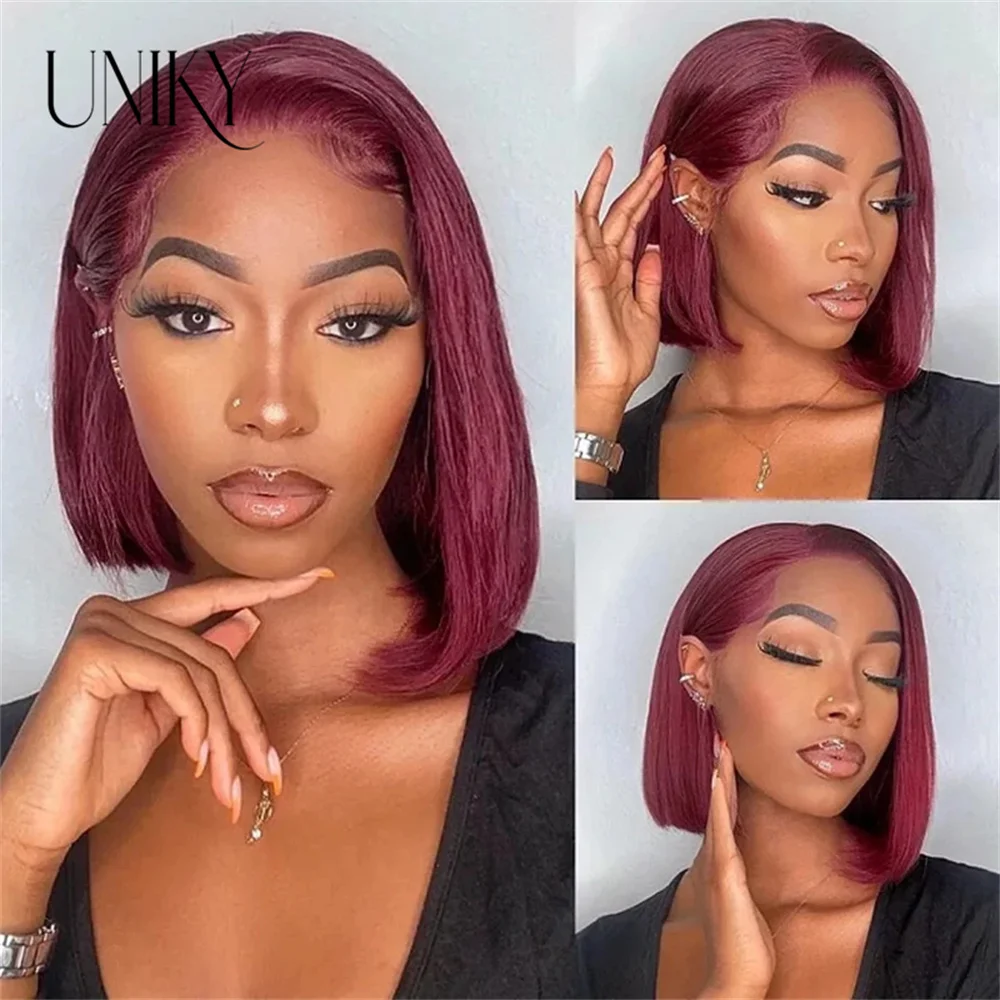 

Uniky 99j Malaysian Straight Lace Front Wig 150% Density Short Lace Closure Human Hair Wigs Burgendy Straight Bob Wigs For Women