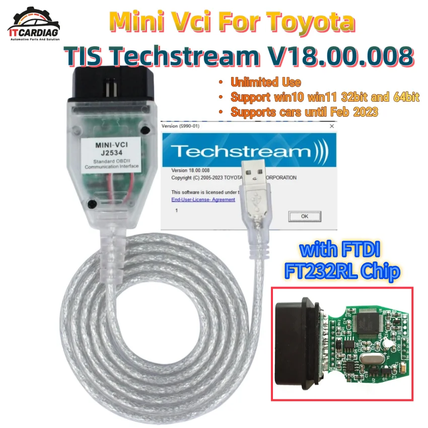 Mini Vci J2534 V18.00.008 لتويوتا TIS Techstream FTDI FT232RL Obd-2 كابل التشخيص DTC محرر البرامج الثابتة V1.4.8 WIN7 WIN10 #1