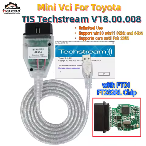 Mini Vci J2534 V18.00.008 for Toyota TIS Techstream FTDI FT232RL OBD-2 Diagnostic Cable DTC Firmware Editor V1.4.8 WIN7 WIN10