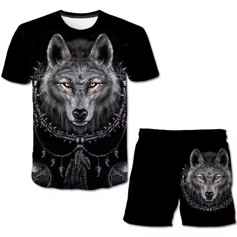 Summer Animal Wolf Totem Tattoo Sports Suit Male 3D Printing Casual T Shirts+Shorts 2PCS Outfits Fashion Cool Men's Clothing Set