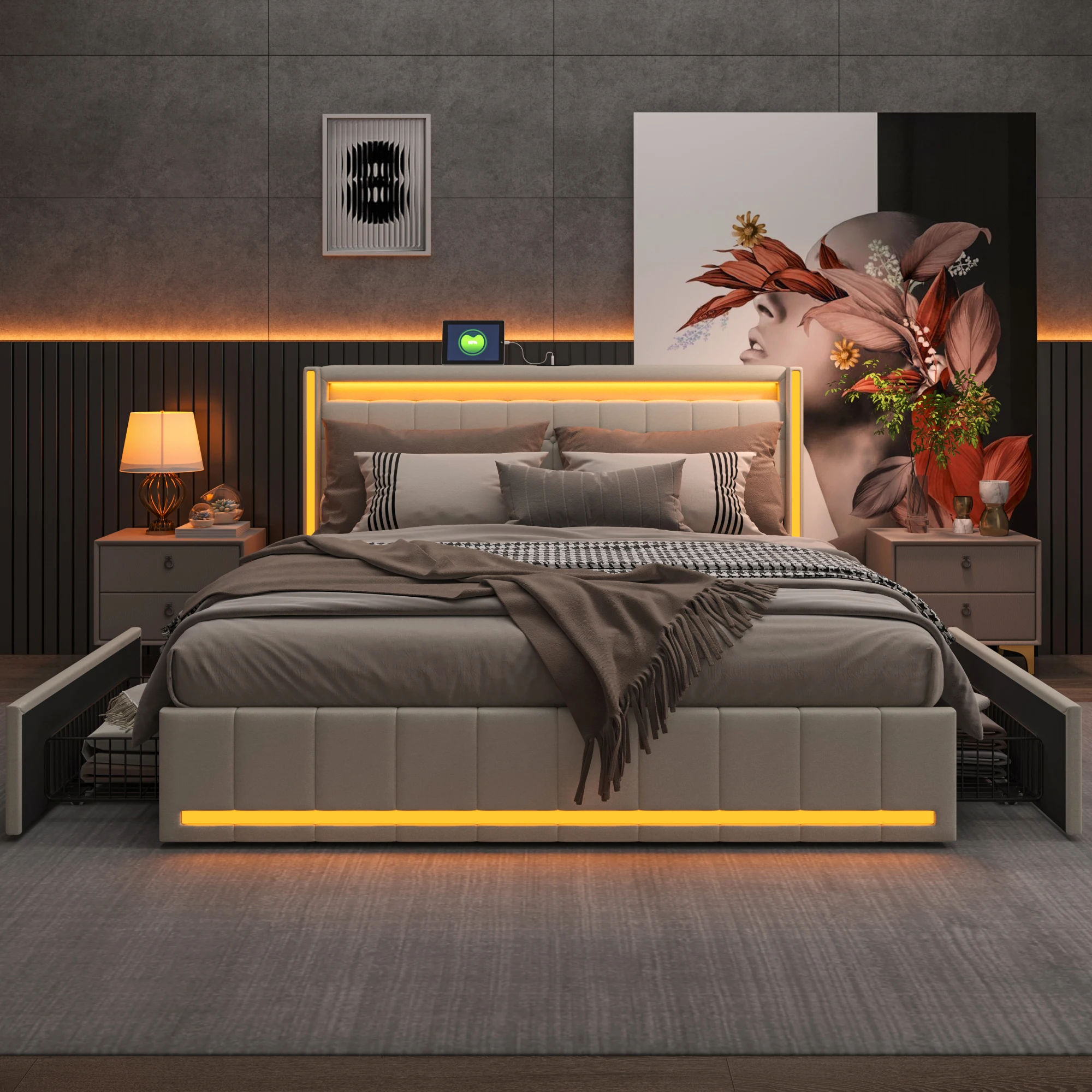 Lit rembourré Comanlai 140 x 190 cm, lit double avec éclairage LED, 4 tiroirs en fer et un port de charge USB, lin, beige
