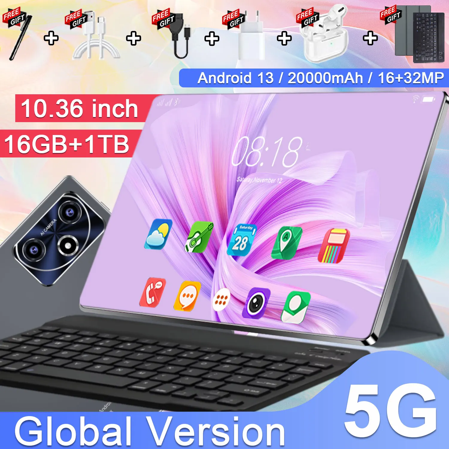 Tablet 5G Android 10.36 Pulgadas 16GB 1TB WiFi 20000mAh Android 13.0 Tablets PC 16MP+32MP 14 Núcleos Doble SIM Bluetooth