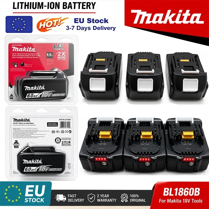 100% oryginalna, zamienna bateria litowa Makita 6Ah do akumulatorów Makita 18V: BL1860B, BL1840, BL1830B, BL1850B, BL1850, BL1860, BL1815.
