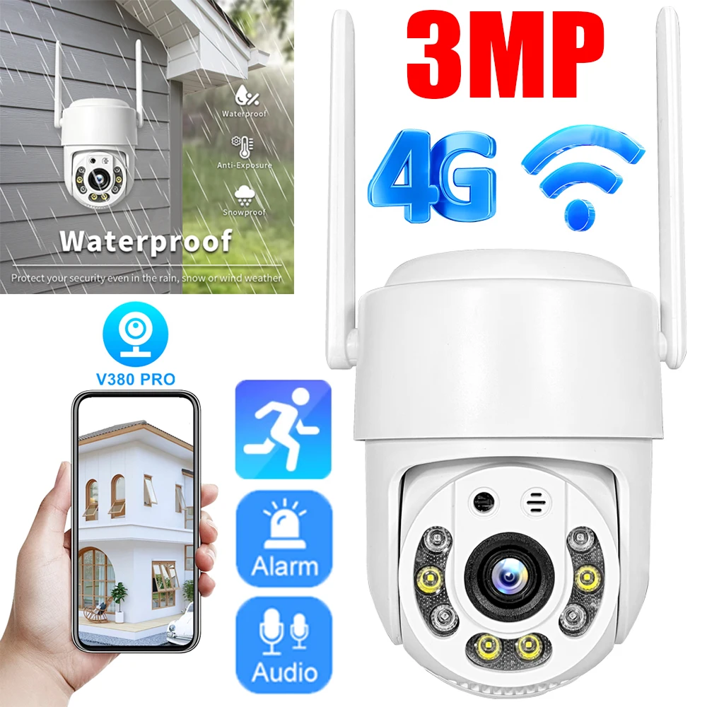3MP HD Lens 4G WiFi Security Camera with Audio Two-way Audio Night Vision Home Surveillance Cameras IP66 Waterproof V380 Pro