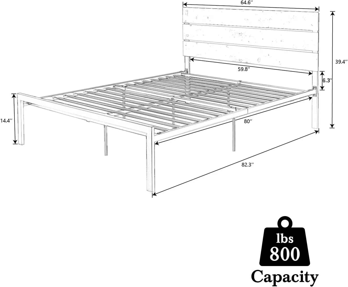 HOOMIC Bedframe met rustiek houten hoofdeinde/zwaar uitgevoerd platformbedframe/matrasfundering/sterke metalen lattenbodem